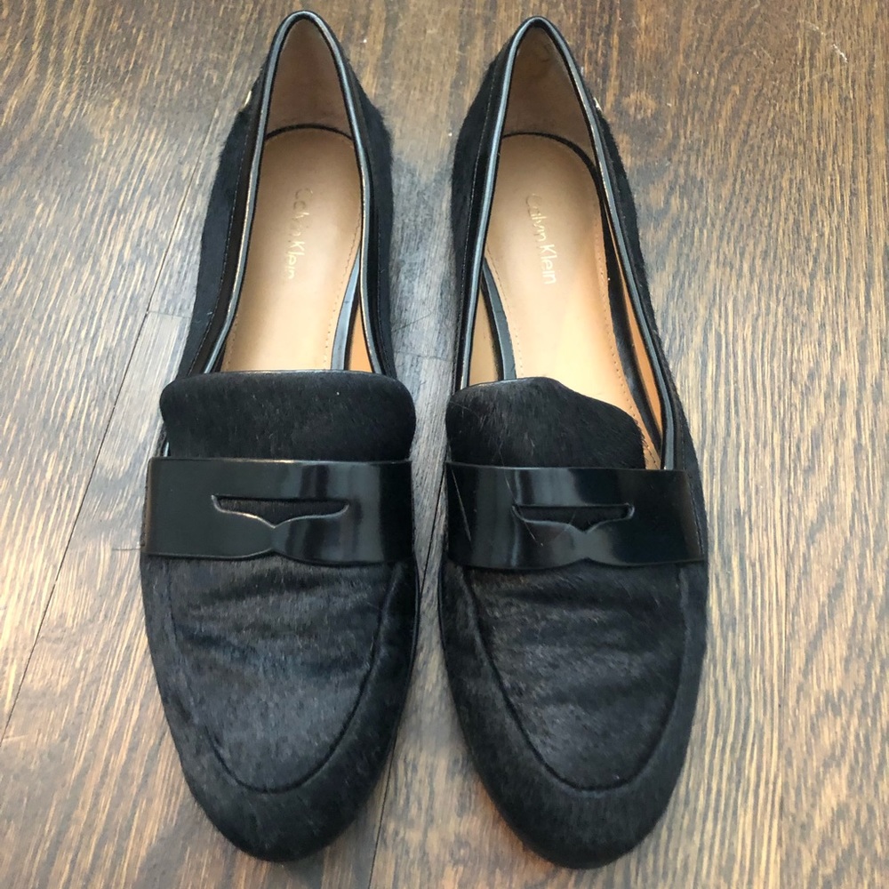 CALVIN KLEIN CELIA BLACK HAIR CALF PENNY LOAFER